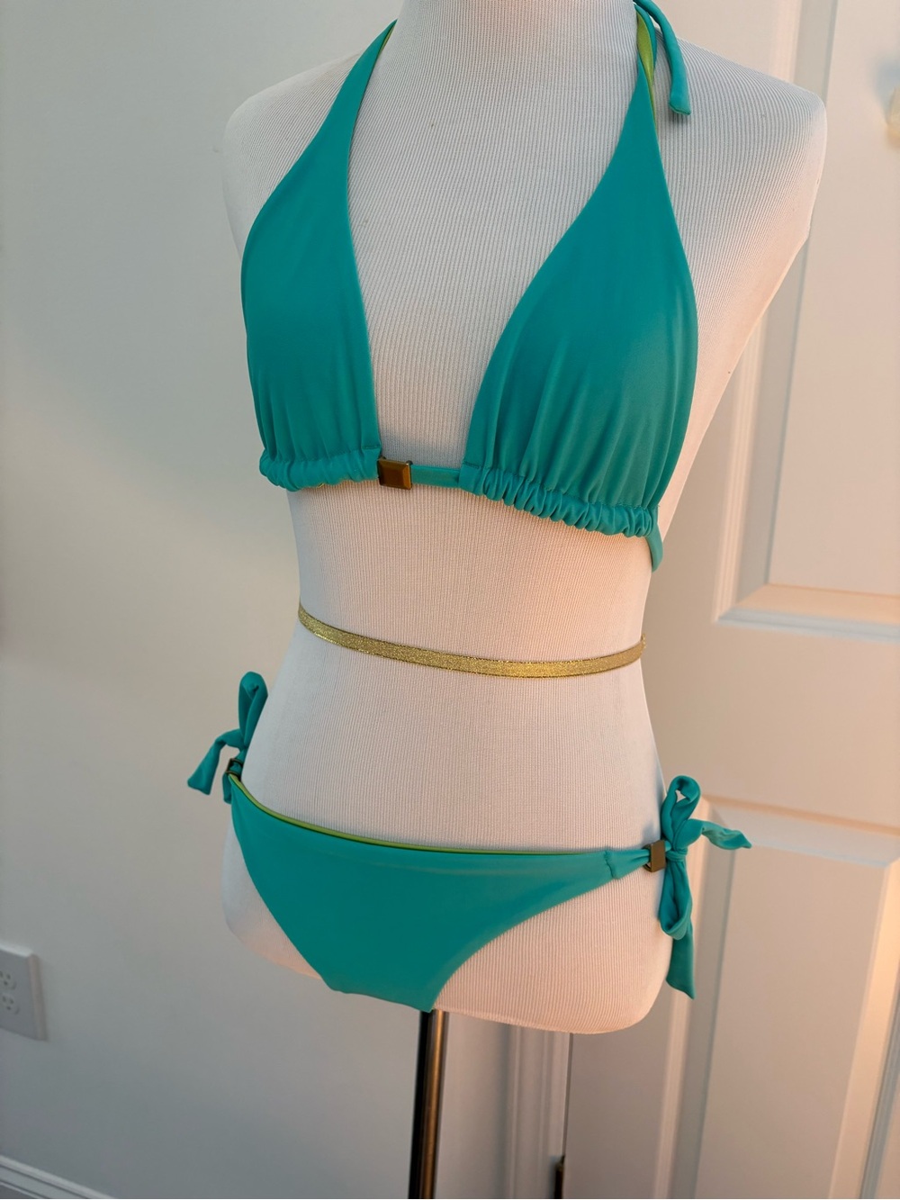 Lime green Teal Halter Tie-Side Bikini Set with Gold Accent Sz S Reversible